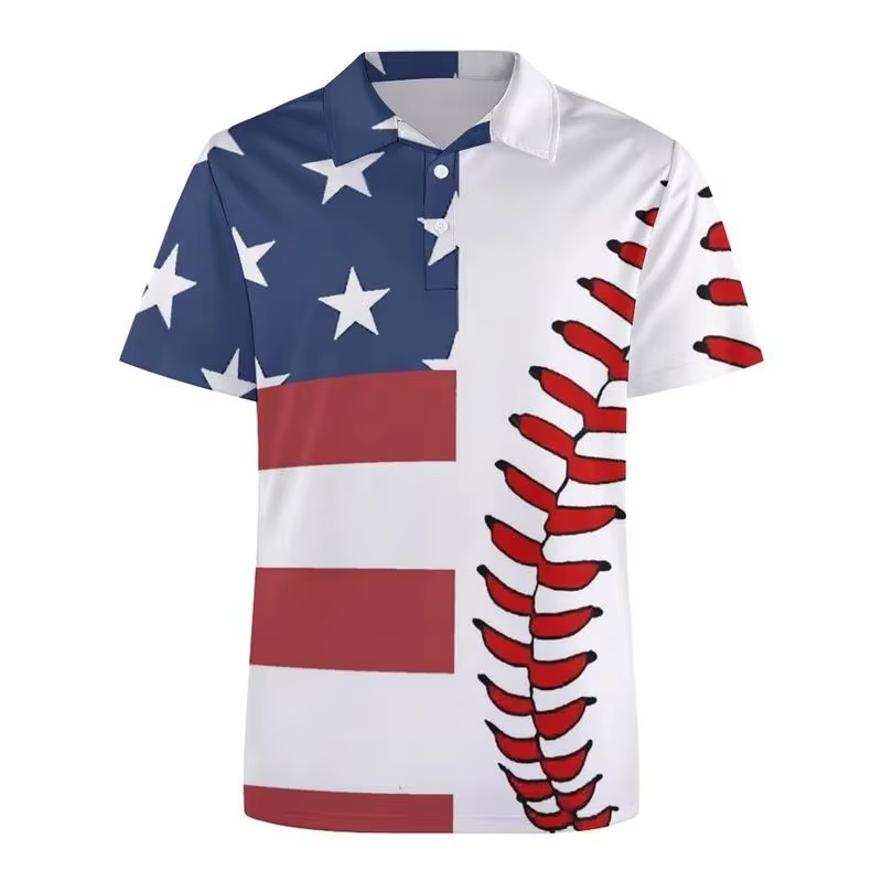 Polo pour Homme 2026 Tendance Motif Drapeau USA Impression 3D Manches Courtes T-shirt Vente Chaude Style Urbain Été Boutonné Col Revers Ample
