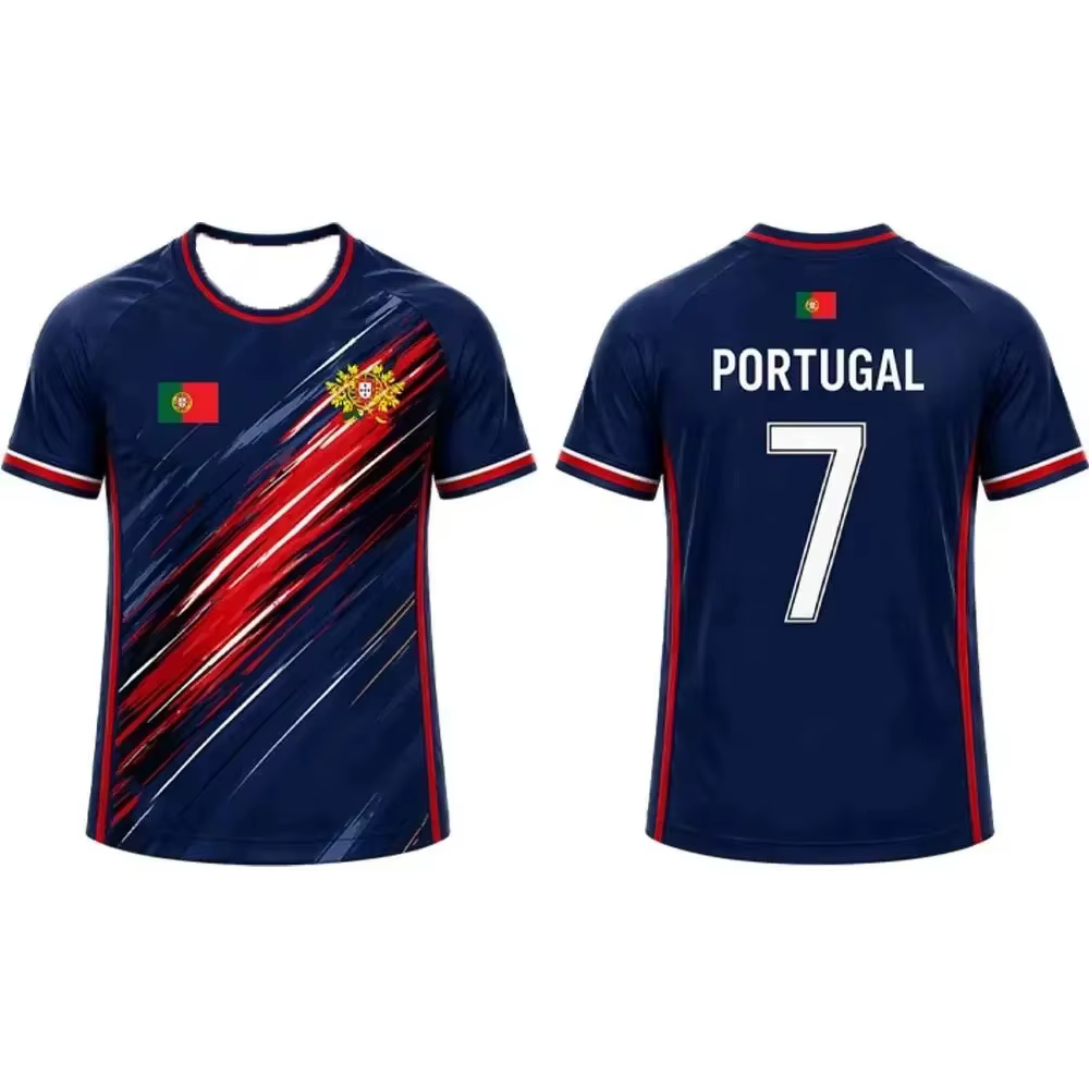 Maillot de football Portugal 2026 – T-shirt respirant à séchage rapide avec imprimé rayures style pinceau, pour hommes et femmes, idéal pour l'entraînement