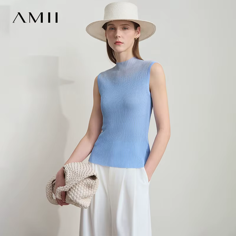 Amii femmes haut minimaliste été nouvelle couleur unie col montant sans manches mince élastique Double courbe fil tricoté Camisole 12542249