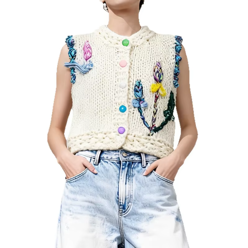 Nouveau pull sans manches pour femme, style jeune et tendance, à col rond, boutonné, en tricot color-block, pour le printemps et l'automne.