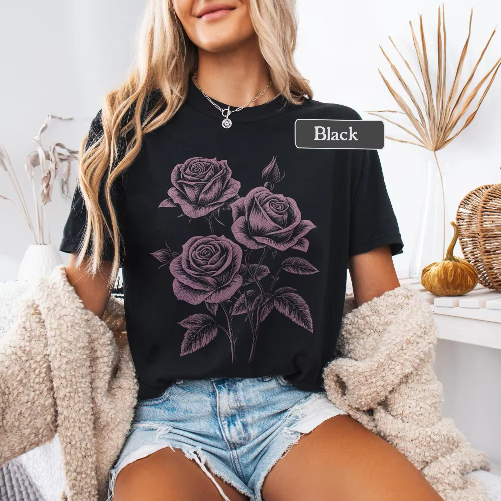 T-shirt rose, T-shirt graphique avec des roses
