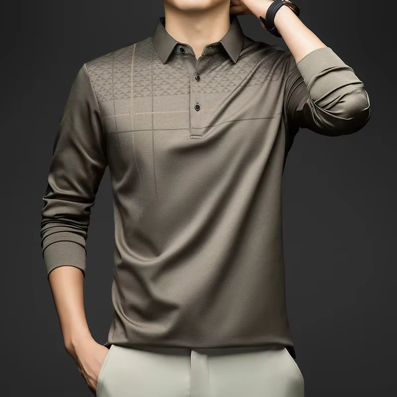 BROWON marque de luxe élégant formel Polo t-shirts hommes conception graphique à manches longues col de chemise bureau travail Polo hauts homme vêtements
