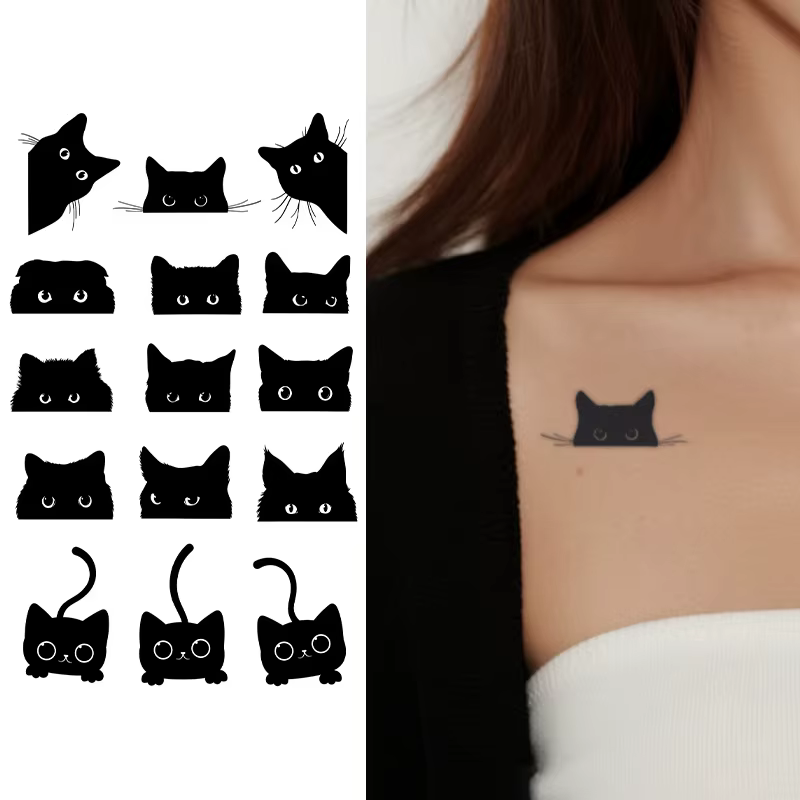 Tatouage temporaire motif petit chat noir, à base de jus végétal, semi-permanent, imperméable et longue durée, autocollant sexy pour bras pour femme