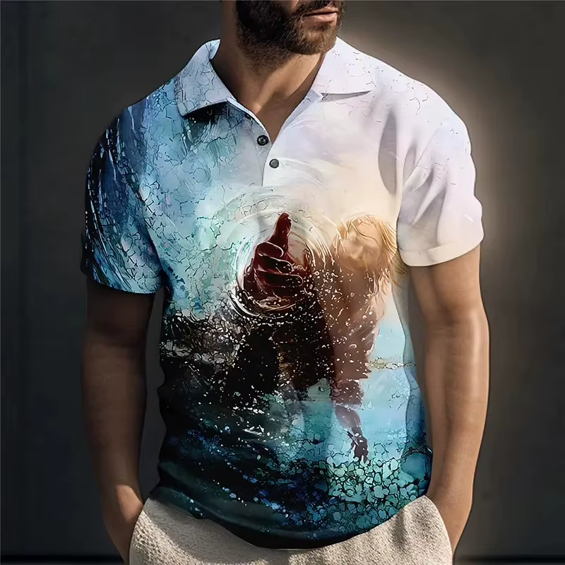 Polo à manches courtes avec impression 3D du Christ Jésus pour homme