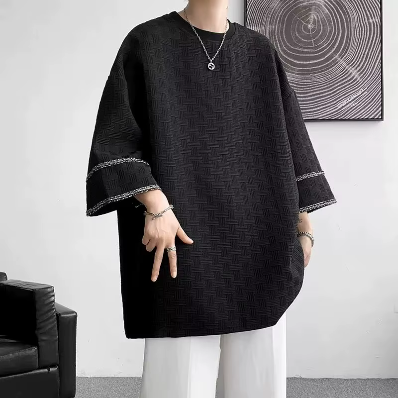 Vêtements pour hommes demi manches pulls élégant ligne lumineuse décoration été décontracté col rond tout-match couleur unie T-shirts amples