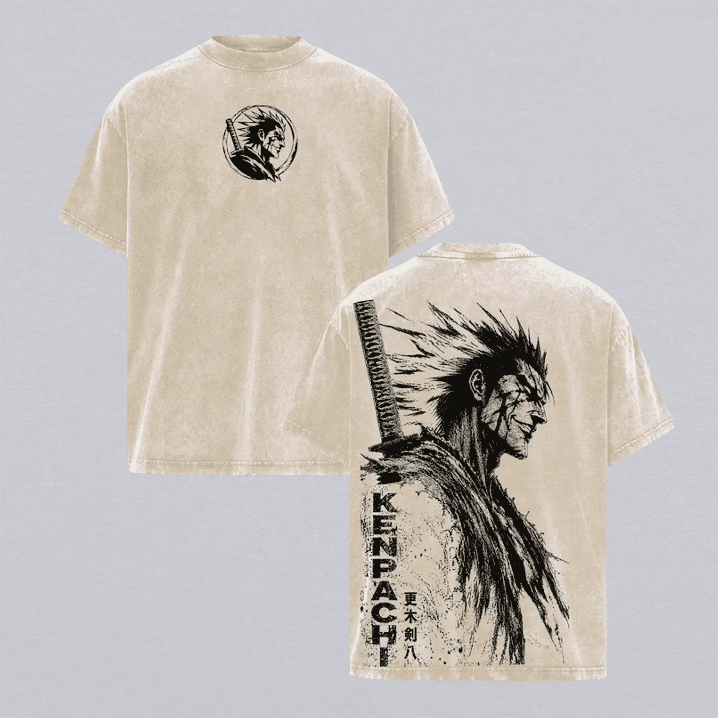 Zaraki Kenpachi BLEACH Anime T-shirt Vintage en Coton Lavé pour Homme
