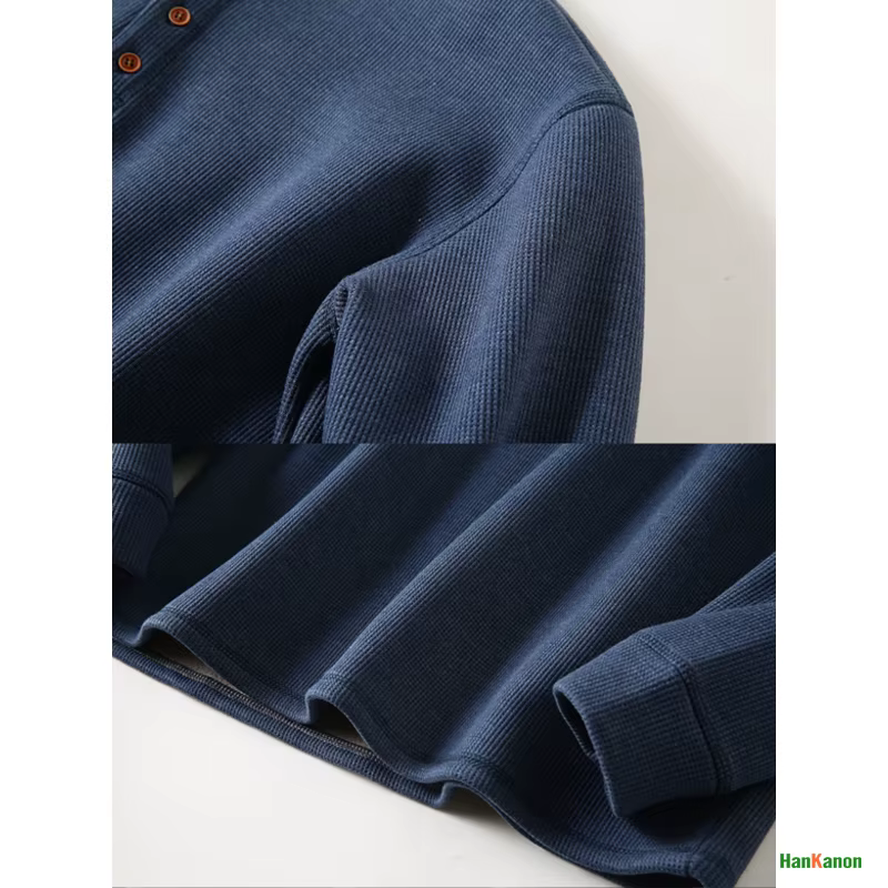 T-shirt en tricot gaufré à manches longues et col Henley pour hommes