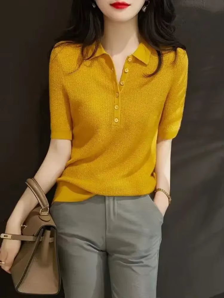 Chemise à col Polo pour femmes bouton uni femme T Slim vêtements