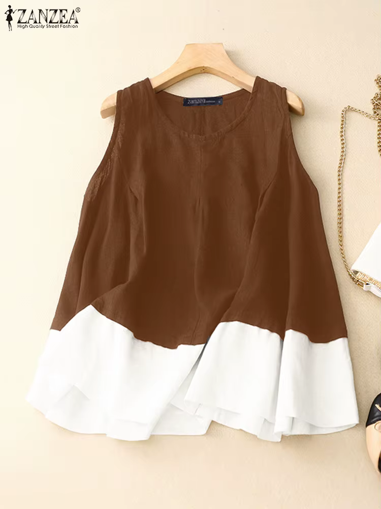 2025 femmes été débardeurs ZANZEA coton Camis Vintage col rond sans manches vacances Blouse rétro chemise ample t-shirts occasionnels surdimensionné