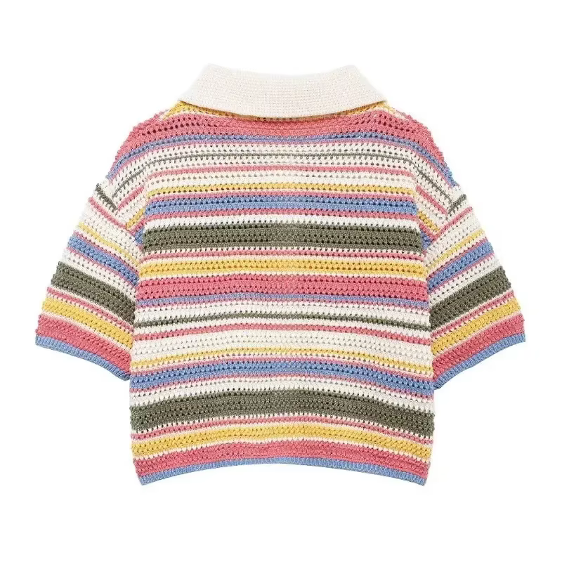 Pull court rayé en tricot au crochet pour femme
