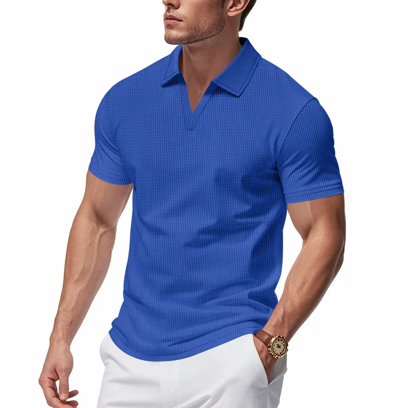 T-shirt Homme Slim Fit Style Américain Décontracté Col Henley Manches Courtes Élastique Col en V Haut de Gamme Été Qualité Supérieure Polo en Soie de Lait