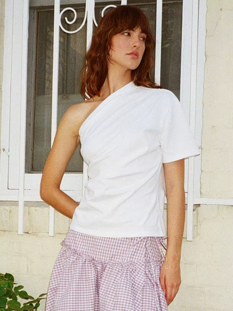 Col incliné t-shirts pour femmes vêtements esthétiques à manches courtes Y2k haut couleur unie Camisetas décontracté Streetwear Ropa De Mujer