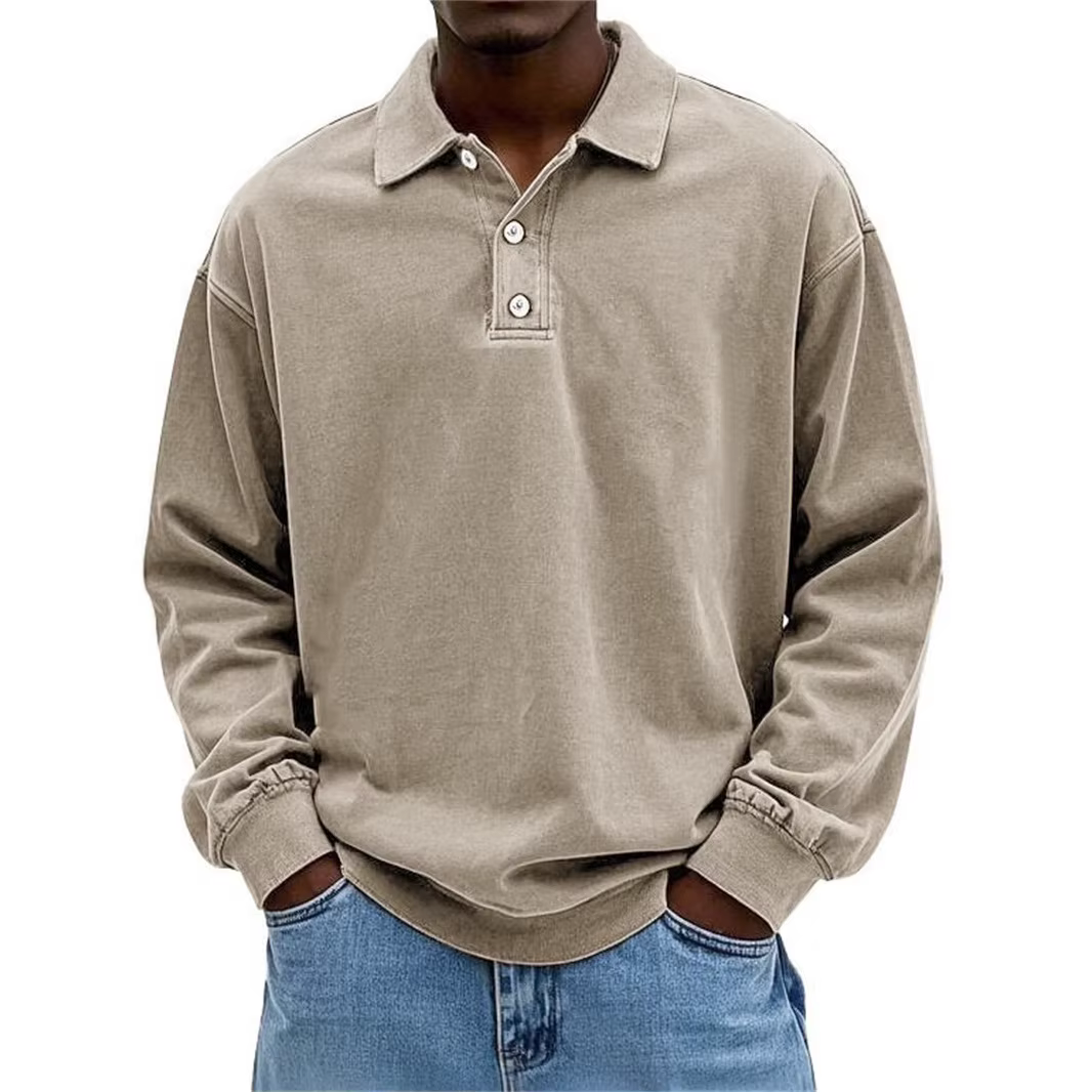 Nouveau T-shirt Polo Homme 2026 à Manches Longues, Effet Vieilli Lavé