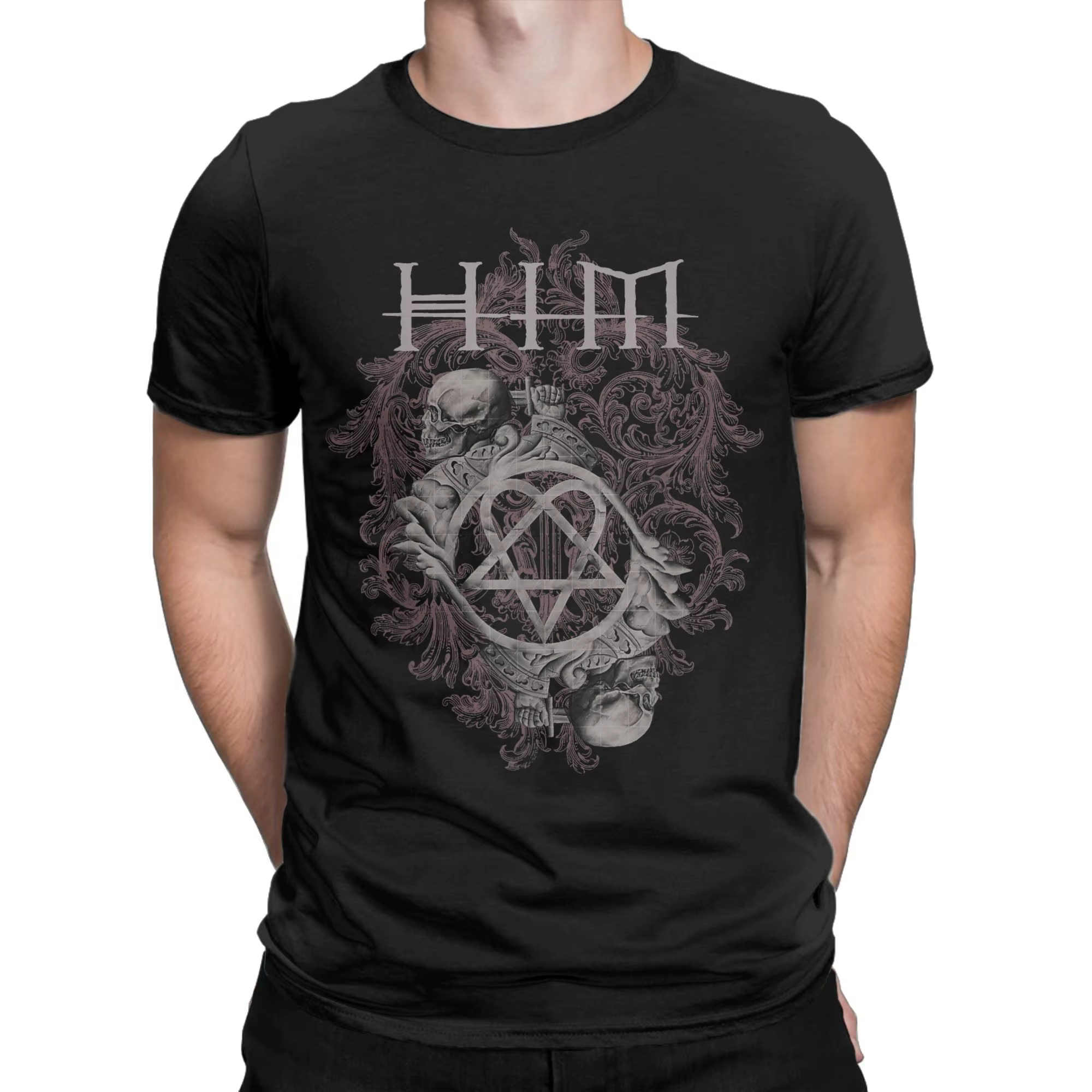 Ville Valo HIM double crâne sur marron T-Shirts hommes génial 100% coton t-shirt col rond à manches courtes