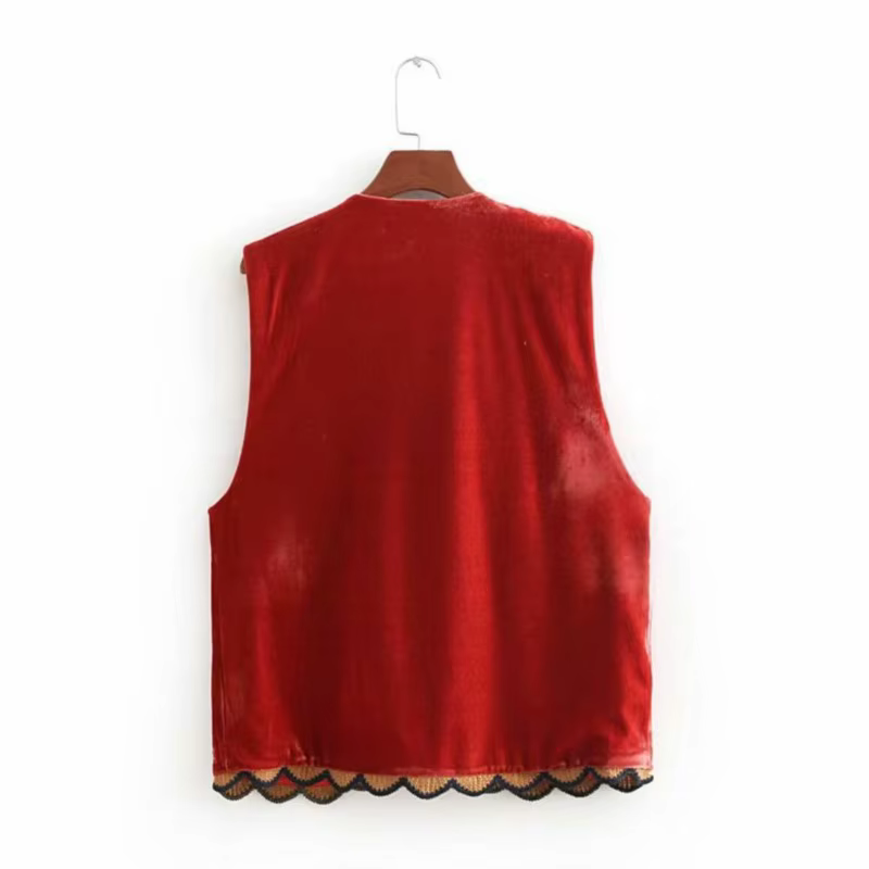 Gilet en Velours Brodé de Fleurs pour Femme, Tenue Décontractée, Couture Ouverte, Style Ethnique