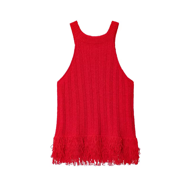 Gland sans manches tricoté gilet haut femmes col rond décontracté automne rouge hauts pullover