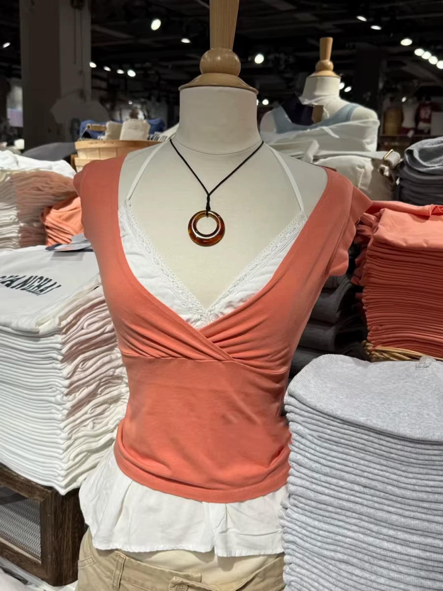 T-shirts sans manches à col en V orange pour femmes