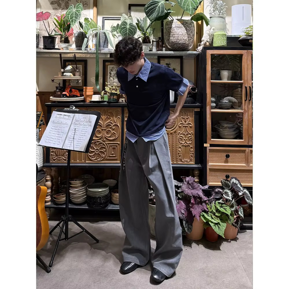 Polo à manches courtes à carreaux bleus pour homme, style décontracté urbain d'été, coupe ample avec col montant, effet deux-pièces