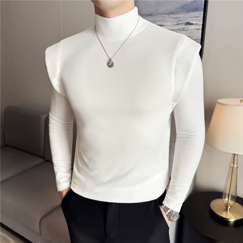 Mode faux deux pièces T-Shirts pour hommes à manches longues couleur unie élastique