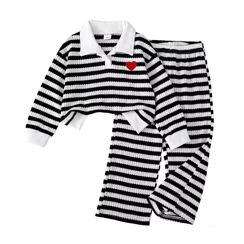 Ensemble deux pièces pour enfants, T-shirt à manches longues et col Polo rayé noir et blanc, nouvelle collection printemps/été 2026