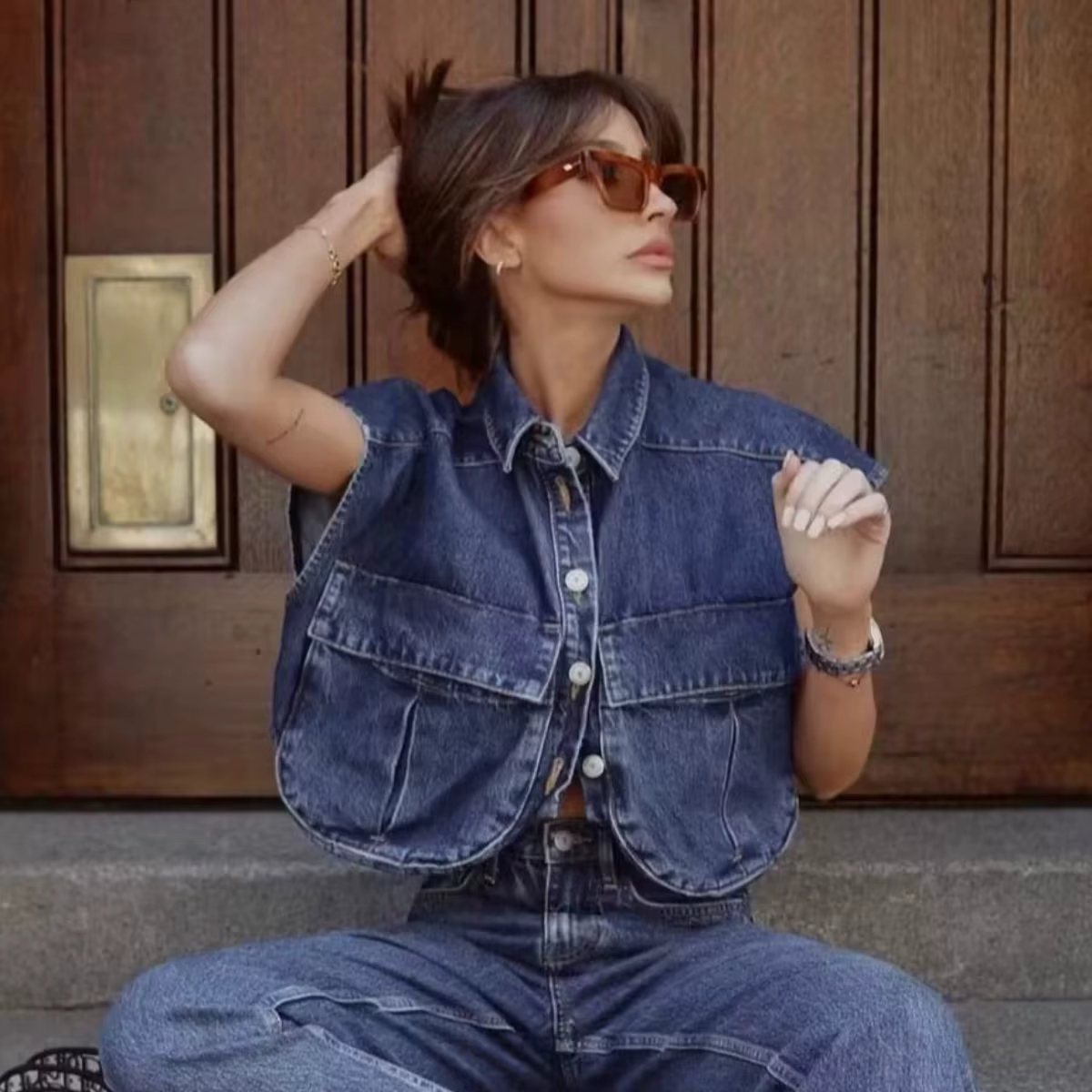 Chemisier court en denim pour femme avec poches