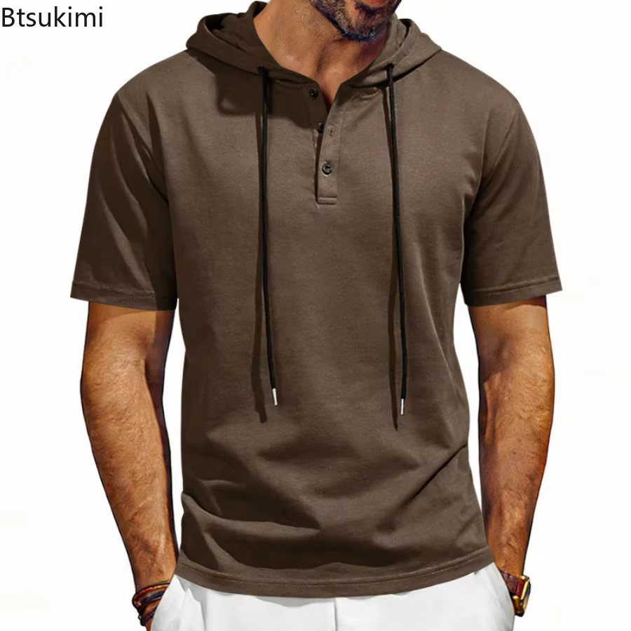 T-shirt à capuche confortable à manches courtes pour homme 2026 – Col Henley