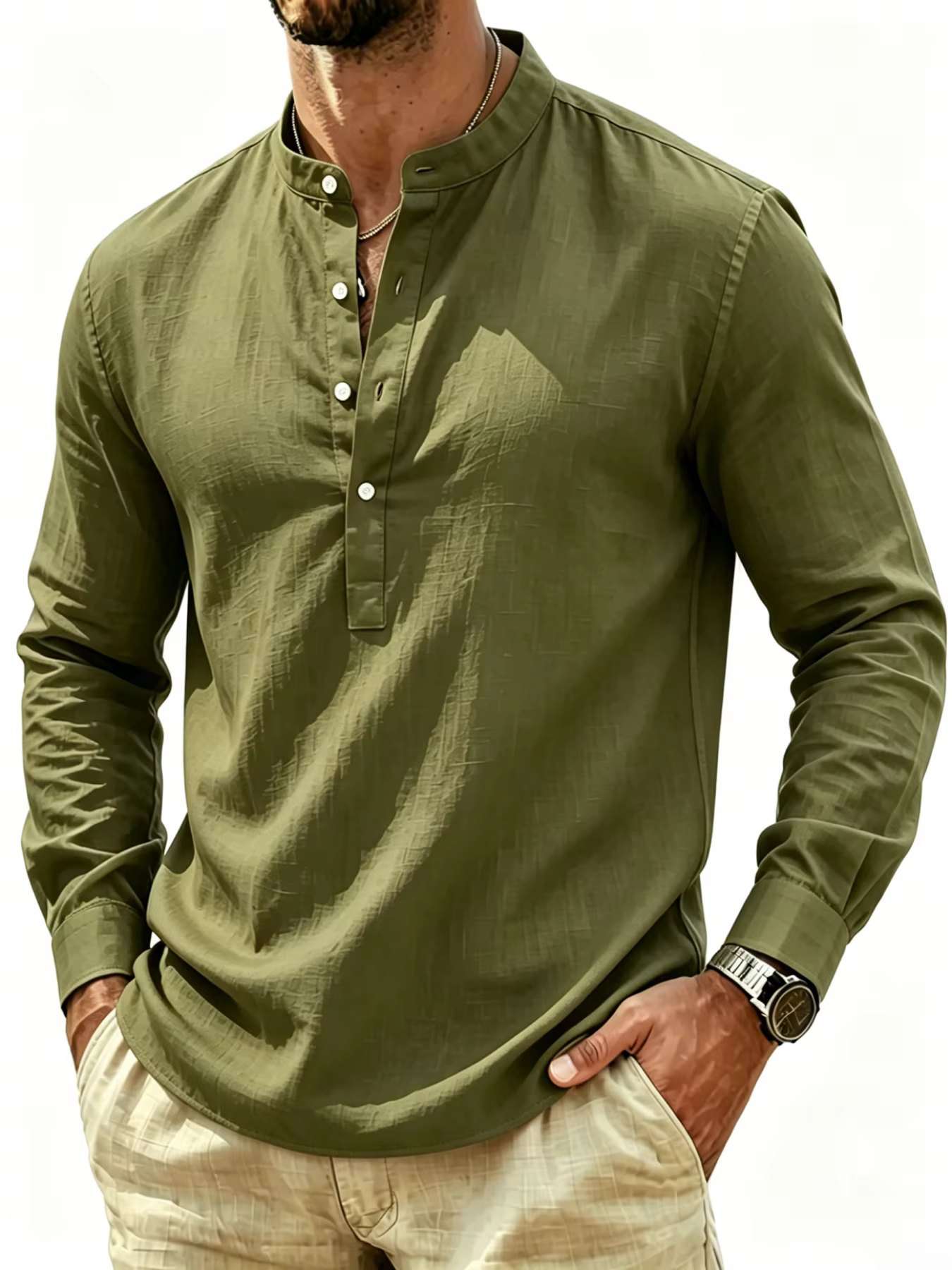 Chemise à col Henley à manches longues pour homme