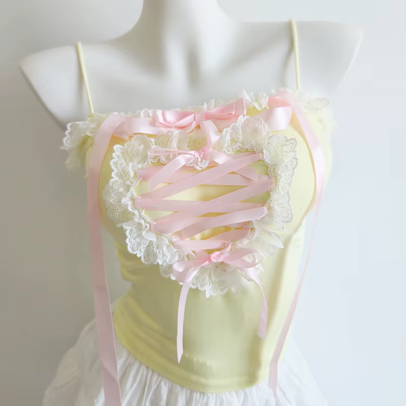 Haut court en dentelle en forme de cœur pour femmes, garniture mignonne, décoration de nœud, coupe couvertes, vêtements Sweet Girls, style Lolita Kawaii, été