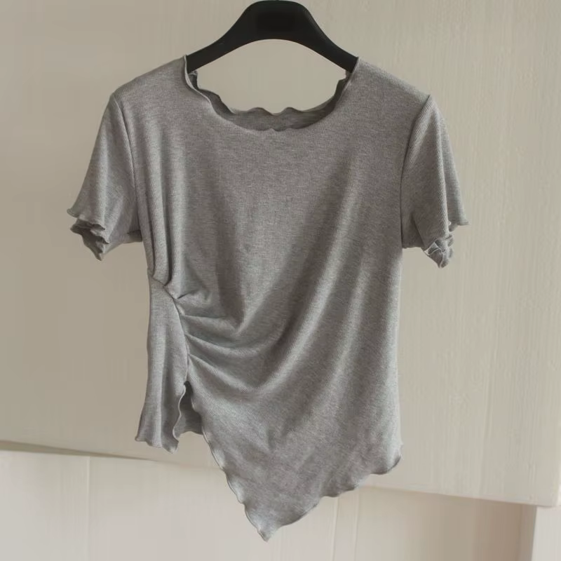 T-shirt asymétrique à col en V et plis irréguliers, style coréen, nouvelle collection été, coupe ample pour femme