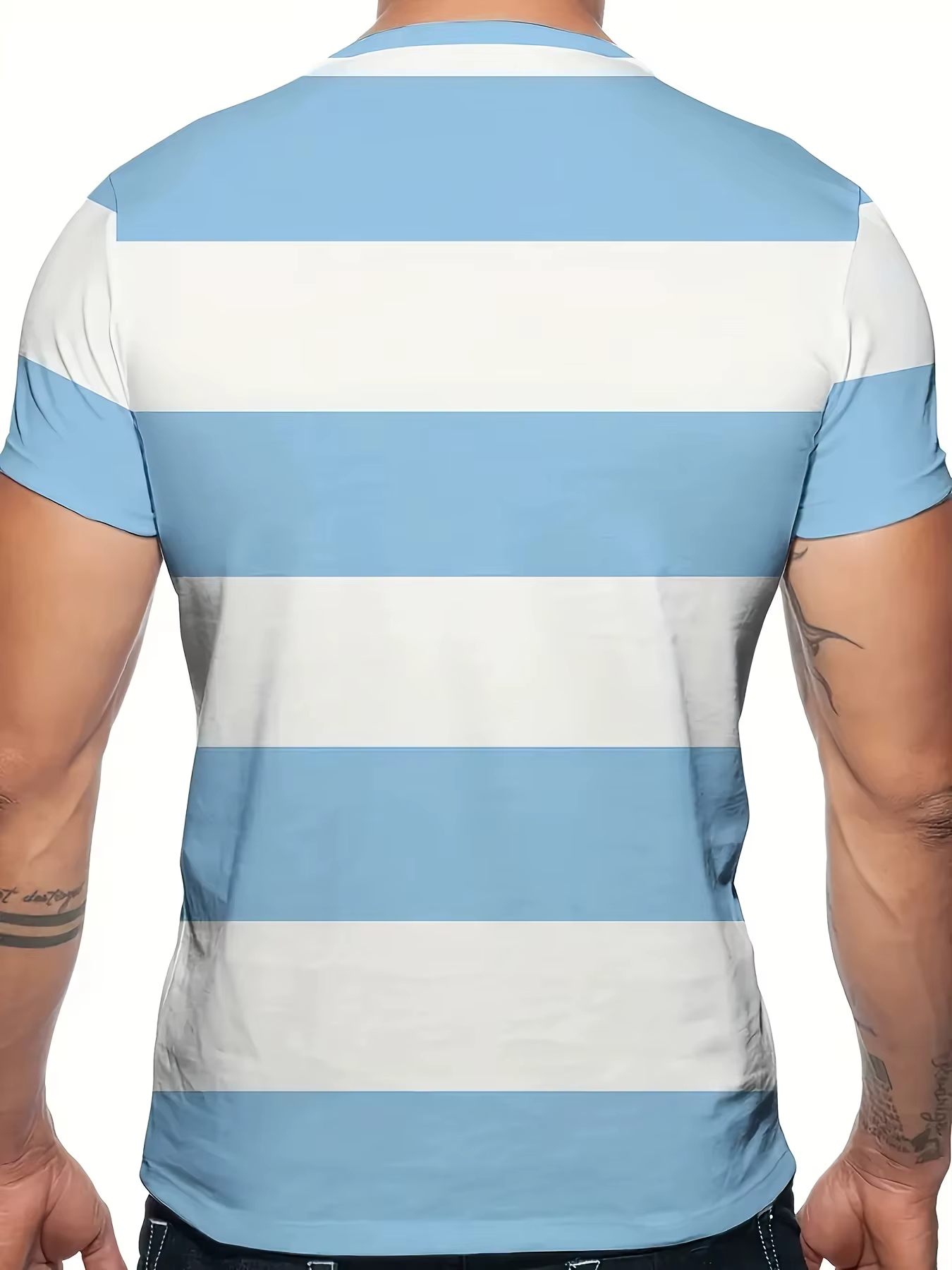 T-shirt rayé polyvalent basique pour hommes | Impression simple bleu clair et blanc | Vêtements multidirectionnels pour