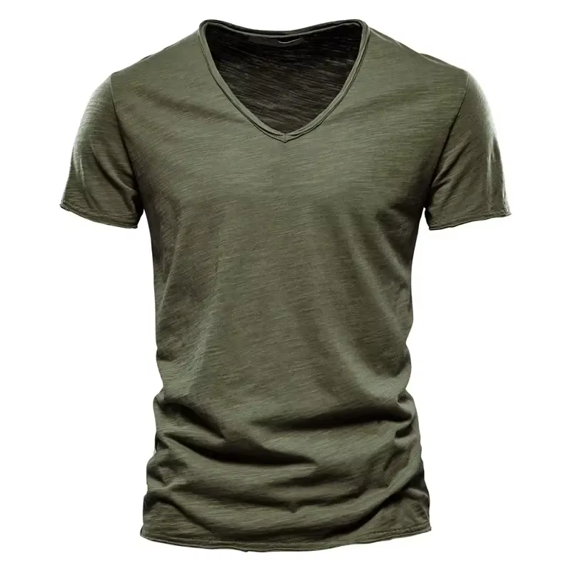 Nouveau 100% coton hommes T-shirt hauts col en V mince à manches courtes t-shirts de haute qualité