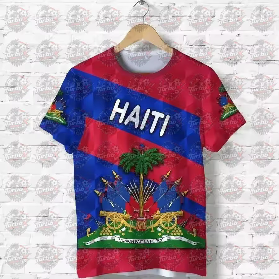T-shirt Homme Drapeau Haïtien 2026 Emblème National Caraïbes Rétro Streetwear 3D Amusant Décontracté Manches Courtes Football