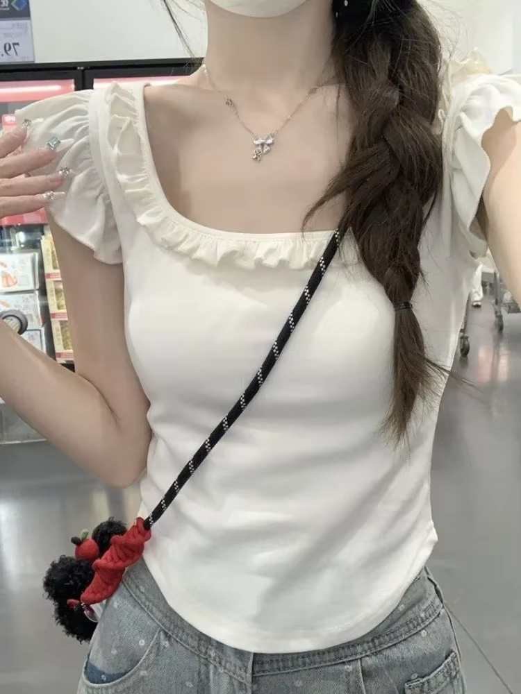 Blanc femme t-shirts col carré manches volantes tunique Camisetas 2025 Ropa Mujer été