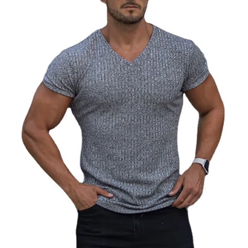 Hommes col en V à manches courtes T-shirt Fitness coupe ajustée sport