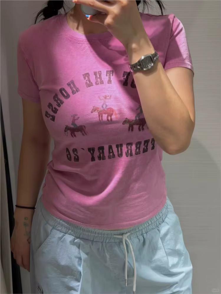 T-shirts pour femmes en coton rose à imprimé lettres