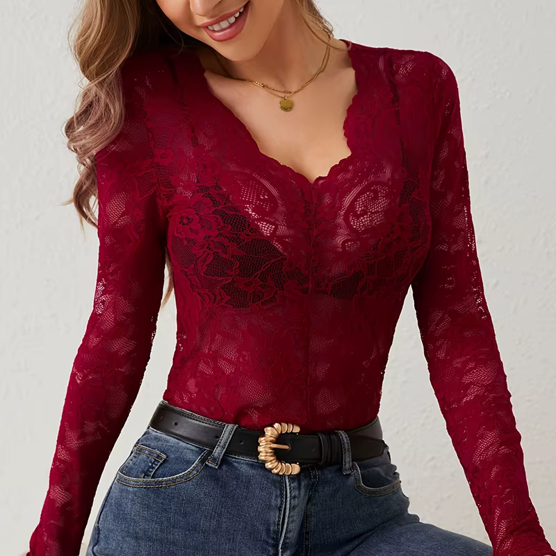 Sexy dentelle t-shirt femmes élégant col en V mince hauts femme mode solide à manches longues chemises
