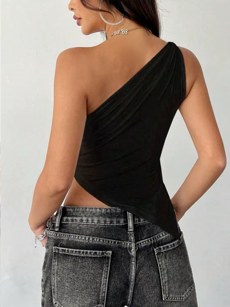 2025 nouveau T-Shirt femme décontracté à la mode couleur unie simple épaule asymétrique haut ajusté col une pièce