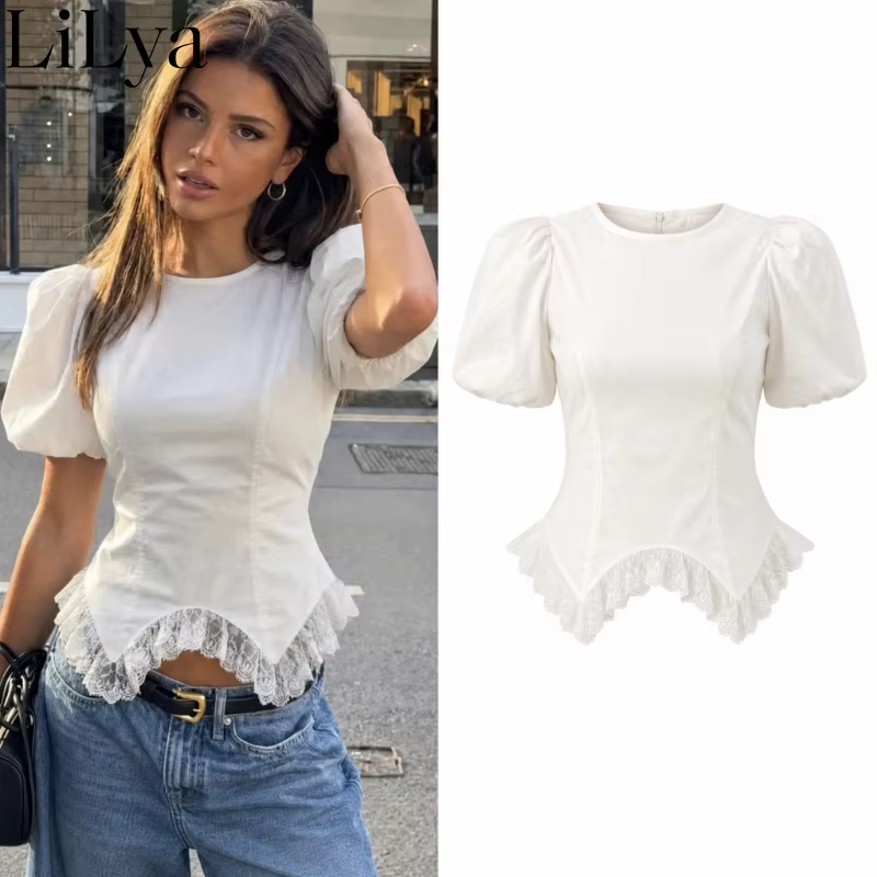 T-shirt Femme Chic à Manches Bouffantes et Dentelle