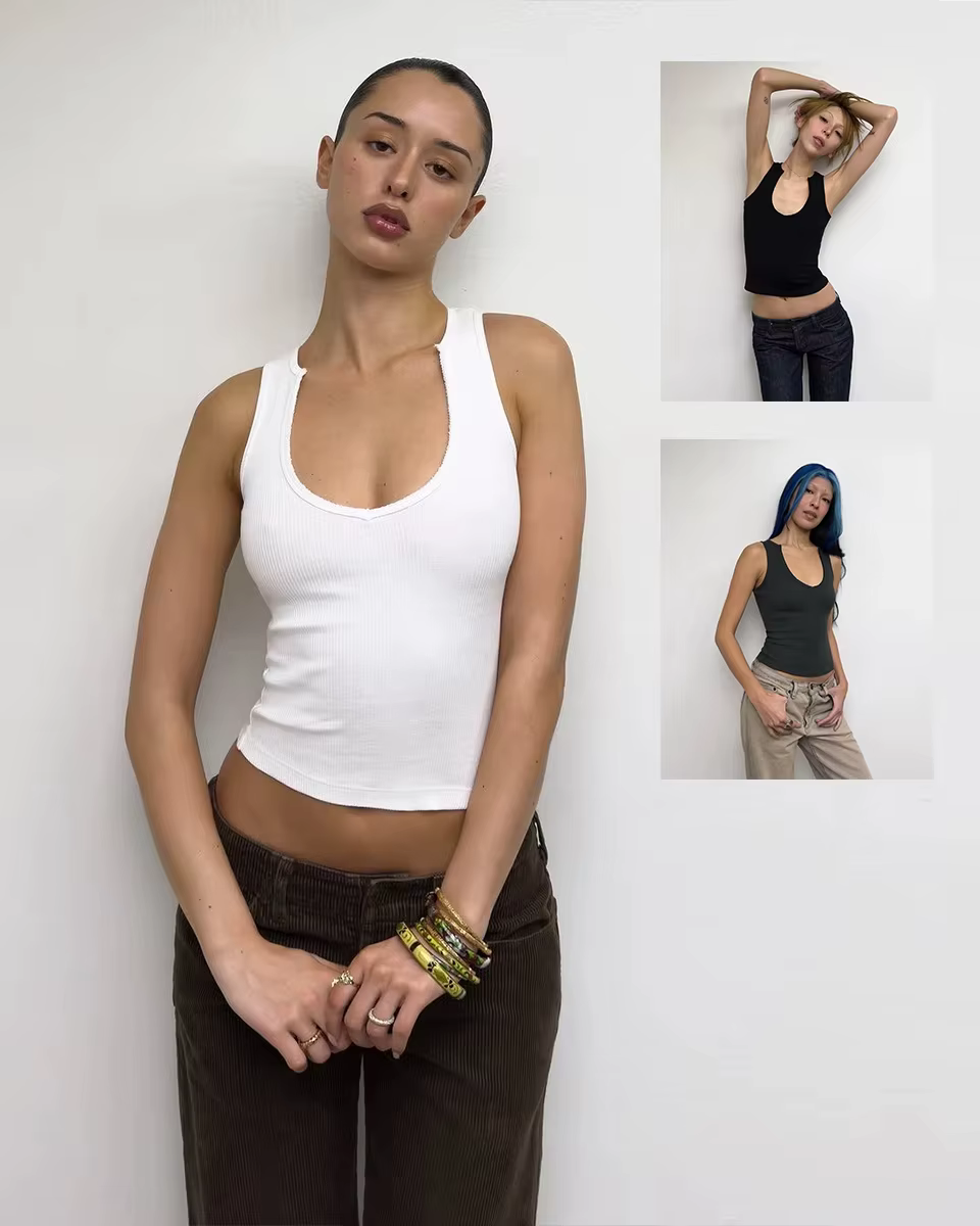 Débardeur d'été sexy pour femme à col en V avec bords effilochés