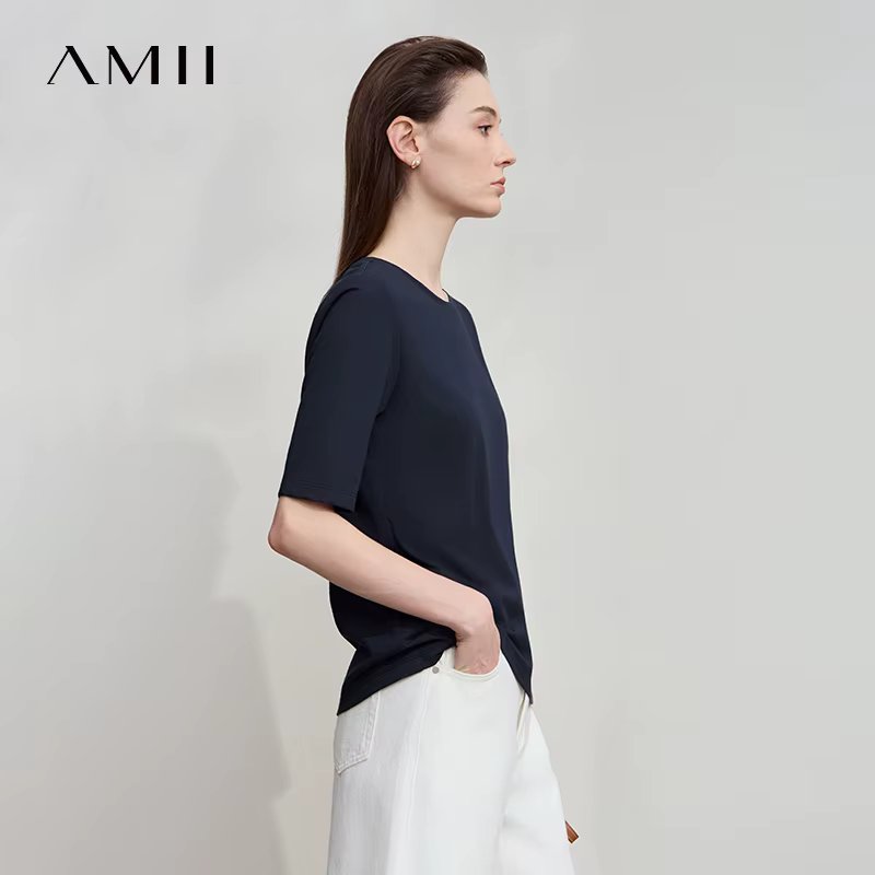 AMII minimaliste coton noir T-Shirt pour femmes 2025 bureau dame O cou plaine tricot