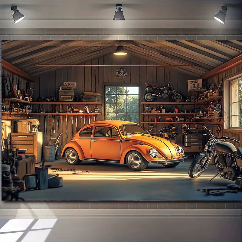 Un fond de garage lumineux avec des designs de voitures et de motos classiques - en matière polyester durable