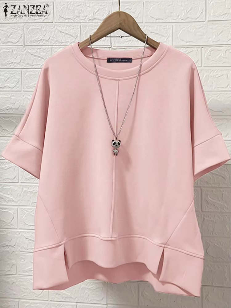 ZANZEA Streetwear ourlet asymétrique T-Shirts femmes décontracté col rond demi manches Patchwork