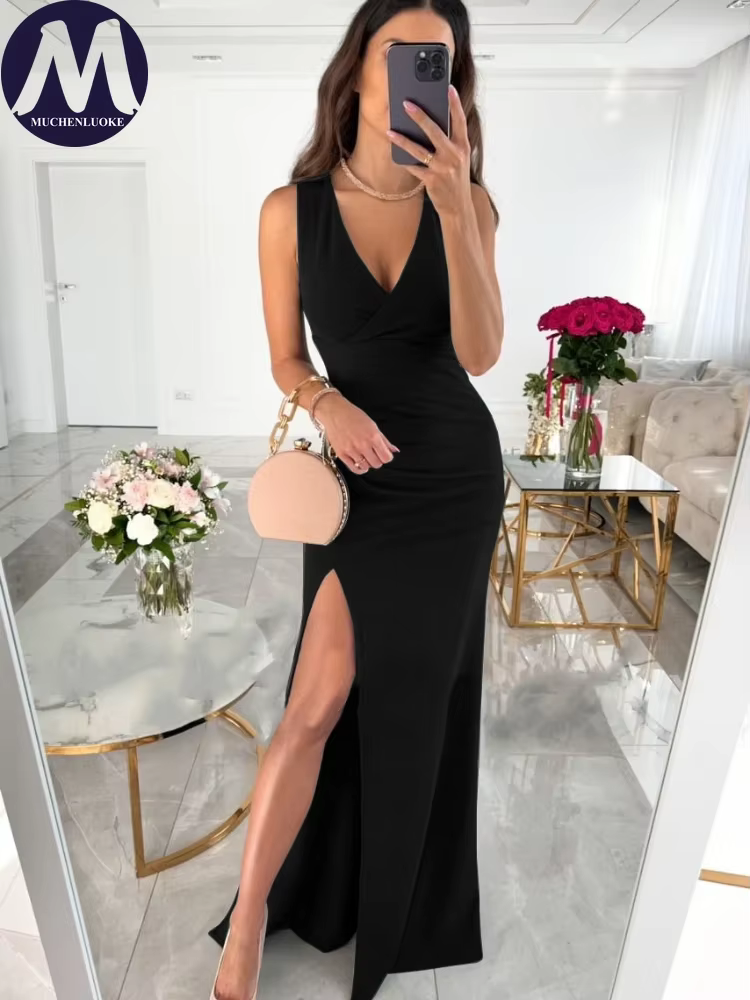 Robe élégante sans manches à col en V pour femmes