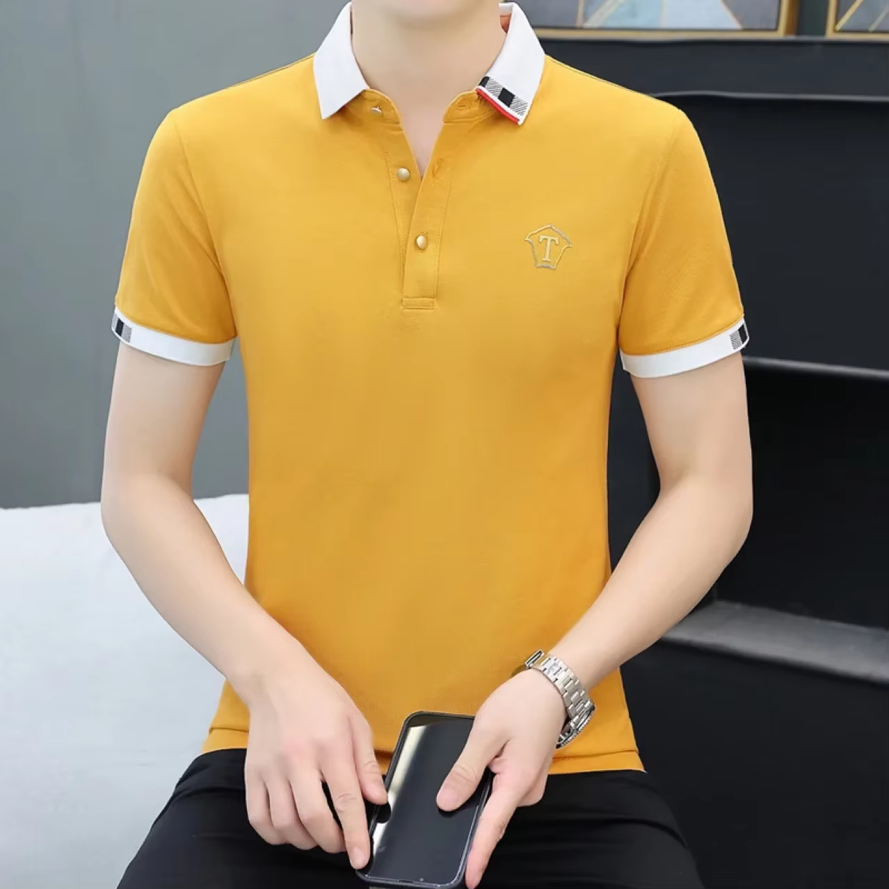 Polo d'été à manches mi-longues pour hommes, respirant, à revers fin, décontracté, pour affaires, pour père et fils, assorti