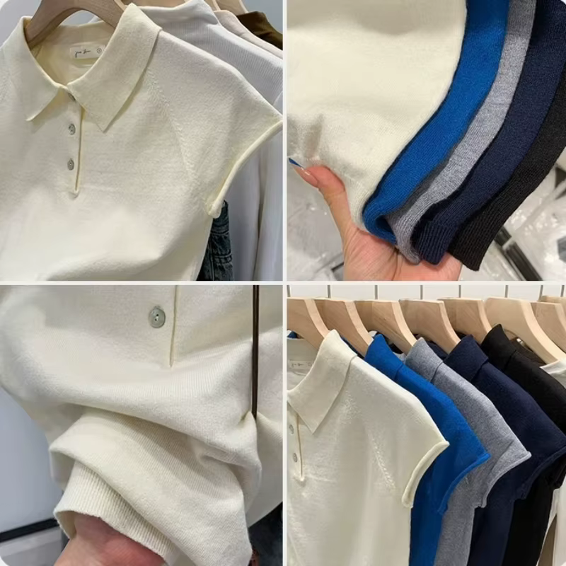 Nouveau T-shirt Femme Col Polo Bleu Marine Été 2026 – Haut Tricoté Chic et Décontracté à Manches Courtes Couleur Unie Tendance