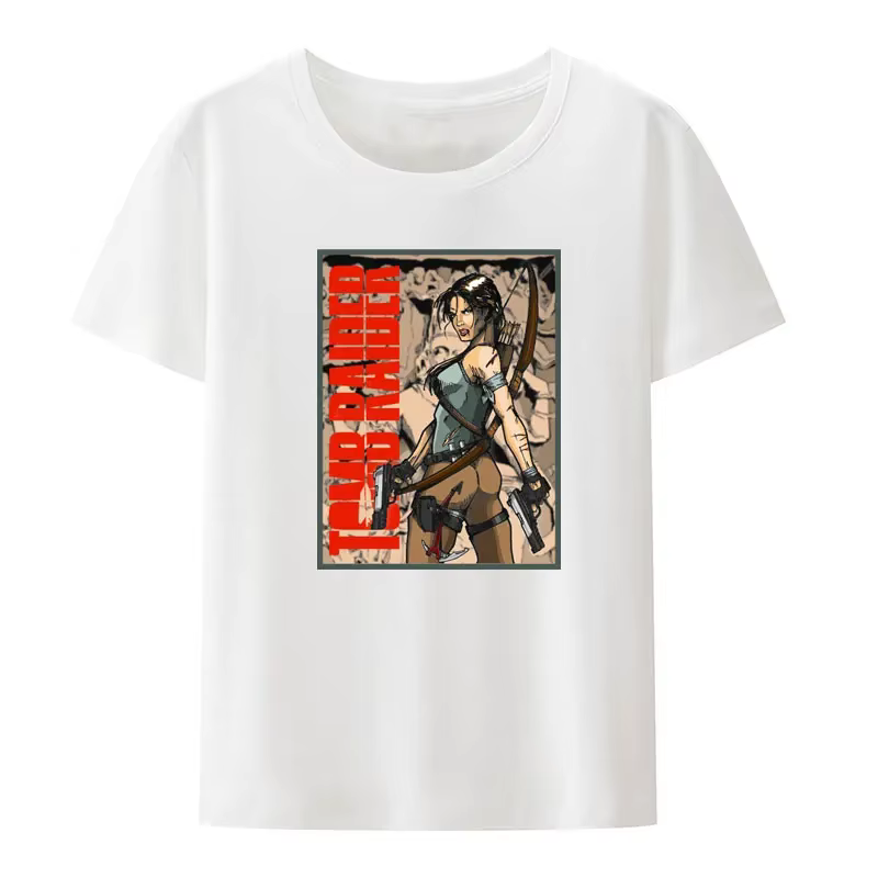 Tomb Raider Lara Croft noir blanc imprimé t-shirt hommes femmes à manches courtes col rond mode Streetwear créatif populaire Hipster chemise