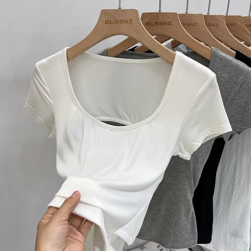 Femme col carré hauts de haute qualité plaine dos nu à manches courtes T-Shirt avec soutiens-gorge coussinets femmes Sexy Street Wear t-shirts 2026