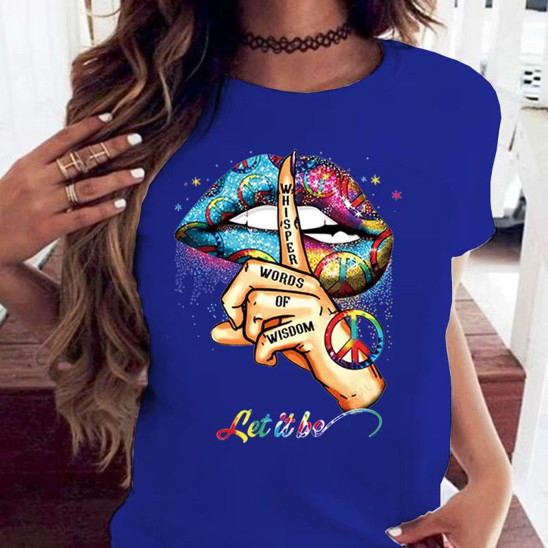 100% coton ample col rond bouche créative à manches courtes T-shirt femme surdimensionné