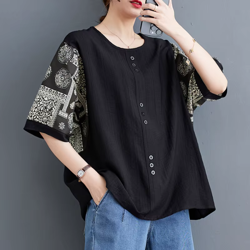 Grande taille coton lin femmes T-Shirt été coupe ample imprimé cinq manches boutonné chemise décontractée à la mode