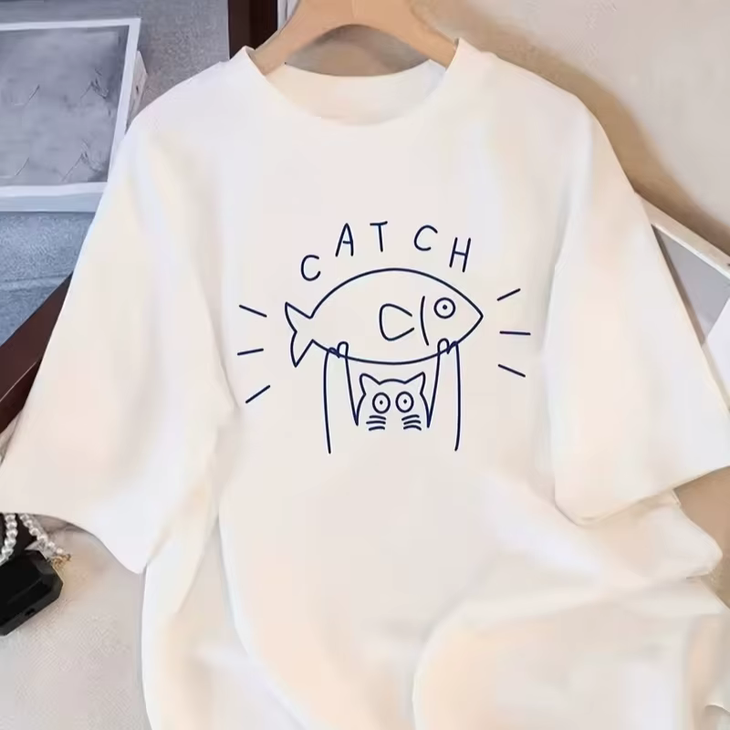 T-shirt drôle avec motif chat attrape poisson pour femmes et hommes